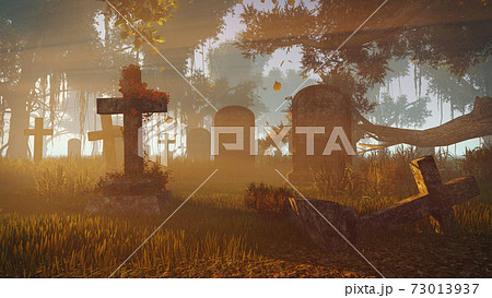 Old tombstones at graveyard at sunset rays 3D 73013937