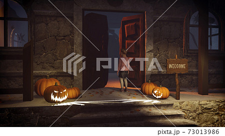 Little girl on the porch of spooky house at dusk Little girl on the porch of spooky house at dusk 73013986