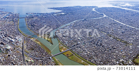 江戸川大橋上空より湾岸を望む、2020撮影、パノラマ空撮 江戸川大橋上空より湾岸を望む、2020撮影、パノラマ空撮 73014111