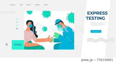 Concept for landing page or banners on covid-19 testing. Blood sampling from a finger. 73019881