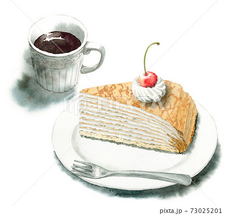 アナログ水彩ミルクレープチェリーとコーヒー 73025201
