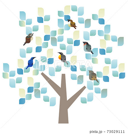 鳥が集まる冬の木のシンプルなアイコン風幾何学ベクターイラストのフレームのイラスト素材