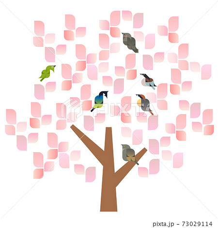 鳥が集まる春の木のシンプルなアイコン風幾何学ベクターイラストのフレームのイラスト素材