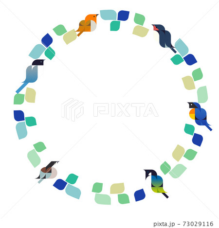 シンプルな葉のリースとかわいい野鳥のベクターフレームイラストのイラスト素材