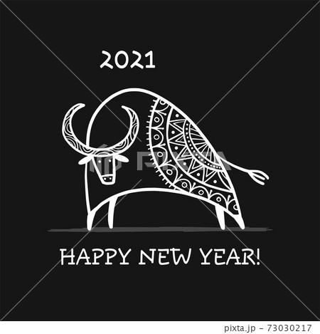 Funny sketch bull. Lunar horoscope sign. Happy new year 2021. Bull, ox, cow. Template for your design - poster, card, invitation Funny sketch bull. Lunar horoscope sign. Happy new year 2021. Bull, ox, cow. Template for your design - poster, card, invitation 73030217