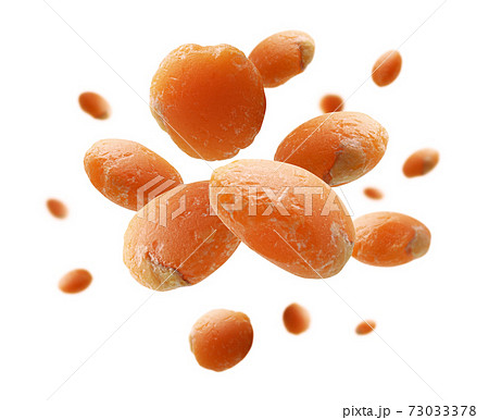 Red lentils levitate on a white background Red lentils levitate on a white background 73033378