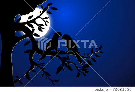 Two Bird Silhouette standing on branch of tree with moon background, vector illustration 73033556