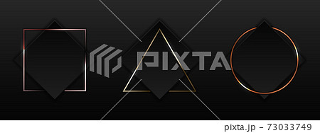 Set of black square with geometric border gold, pink gold, copper metallic frame badge on dark background luxury style 73033749