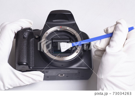 Professional cleaning of camera with swab Professional cleaning of camera with swab 73034263