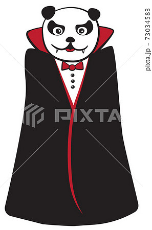 Cute cartoon doodle style Halloween panda characters in Dracula vampire monster costume. Funny vector illustration for holiday cards, postcards, posters or sticker decor 73034583