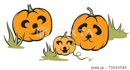 Cute cartoon doodle style Halloween Jack-o-lantern pumpkin with panda bear face collection. Funny vector illustration for holiday cards, postcards, posters or sticker decoration 73034584