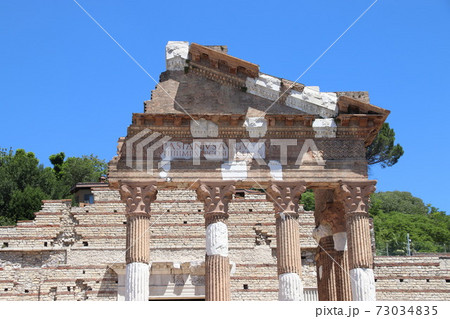Capitolium (Temple of the Capitoline Triad), the main temple in Roman town of Brixia now Brescia, Lombardy, Northern Italy, part of the UNESCO world heritage Monumental area of the Roman forum 73034835