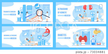Traumatic surgeon, abdominal, kidney ultrasound, diabetes concept set vector. Endoscopy healthcare technology concept vector. 73034881