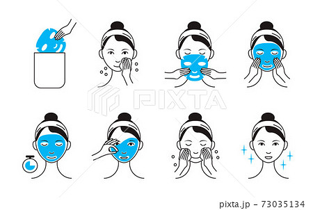 Facial mask sheet applying vector. Girl shows steps how to cleaning, whiting face and use cosmetic mask. Info-graphic in outline style illustration 73035134
