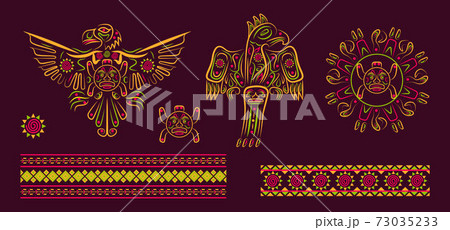 Latino American poncho ornament vector for greeting card. Parrot, cockatoo, eagle, toucan illustration embroidery. National Hispanic Heritage Month. 73035233