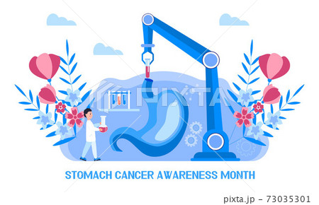 Stomach cancer awareness month concept vector. Event is celebrated in November. Tiny doctors research stomach. Gastroenterology illustration for medical blog website Stomach cancer awareness month concept vector. Event is celebrated in November. Tiny doctors research stomach. Gastroenterology illustration for medical blog website 73035301