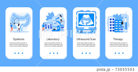 Intestine doctors examine, treat dysbiosis. Tiny therapist looks through a magnifying glass at harmful bacteria. Health care app templates in flat style for landing page, website, app 73035503