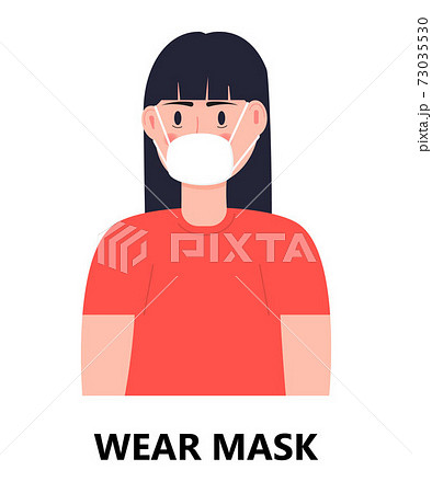 Wear mask icon vector. Flu, cold, coronavirus prevention is shown. Woman is putting medical mask. Infected person illustration. Respiratory disease Wear mask icon vector. Flu, cold, coronavirus prevention is shown. Woman is putting medical mask. Infected person illustration. Respiratory disease 73035530