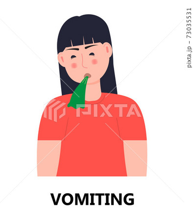 Vomiting icon vector. Poisoning, poor digestion, stomach ulcer are shown. Girl vomits and suffers. Infected person illustration. 73035531
