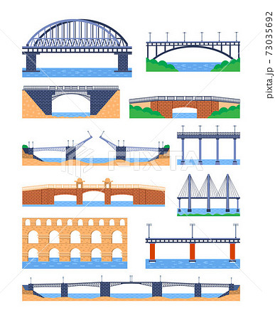 Set of metal and stone bridges vector. City architecture element and bridge-construction across the river with carriageway isolated and lanterns on colourful landscape 73035692