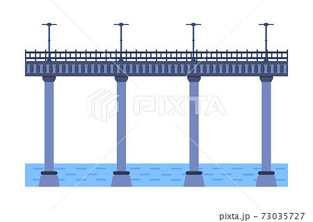 Bridge vector illustration. City architecture element with cables, freeway and bridge-construction across the river with carriageway isolated and lanterns on colourful landscape Bridge vector illustration. City architecture element with cables, freeway and bridge-construction across the river with carriageway isolated and lanterns on colourful landscape 73035727