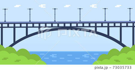 Metal bridge vector. City architecture element and bridge-construction across the river with carriageway isolated and lanterns on colourful landscape Metal bridge vector. City architecture element and bridge-construction across the river with carriageway isolated and lanterns on colourful landscape 73035733