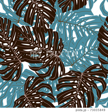 Random seamless pattern with blue and brown monstera foliage print on white background. Random seamless pattern with blue and brown monstera foliage print on white background. 73035849
