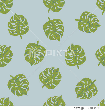 Seamless random pattern with green hand drawn monstera ornament. Blue pastel background. Seamless random pattern with green hand drawn monstera ornament. Blue pastel background. 73035909