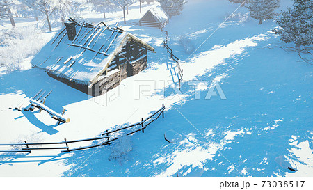 Snowy timber hut at winter day Top-down view 3D 73038517