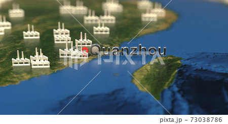 Factory icons near Quanzhou city on the map, industrial production related 3D rendering 73038786