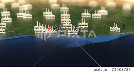 Factory icons near Abidjan city on the map, industrial production related 3D rendering 73038787