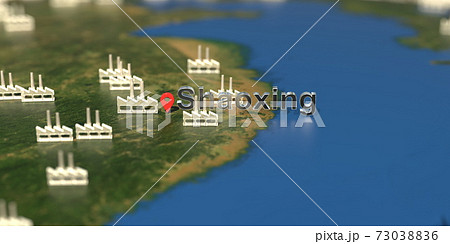 Factory icons near Shaoxing city on the map, industrial production related 3D rendering Factory icons near Shaoxing city on the map, industrial production related 3D rendering 73038836