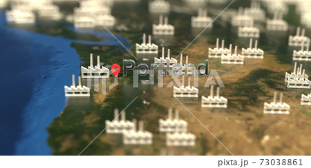 Factory icons near Portland city on the map, industrial production related 3D rendering Factory icons near Portland city on the map, industrial production related 3D rendering 73038861