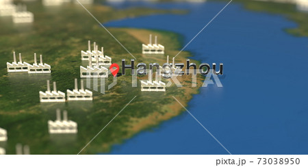 Hangzhou city and factory icons on the map, industrial production related 3D rendering 73038950