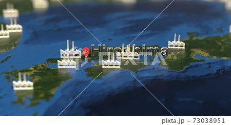 Factory icons near Hiroshima city on the map, industrial production related 3D rendering 73038951