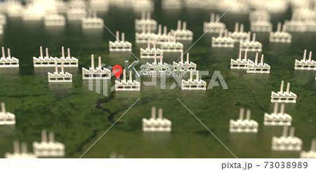 Factory icons near Kazan city on the map, industrial production related 3D rendering 73038989