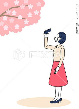 woman taking a picture of cherry blossoms 73043603