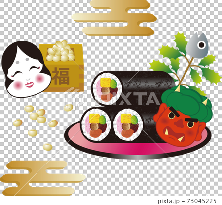 春 2月 節分 豆まき お多福 鬼 イラスト素材セットのイラスト素材
