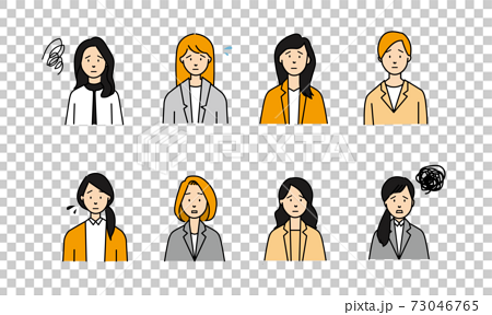 モヤモヤした表情の8人の女性ビジネスマンアイコンのイラスト素材