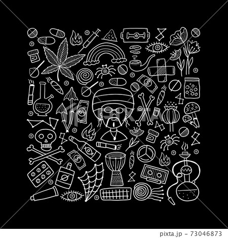Drugs addiction. Say no to drugs. Rasta collection with skull, marijuana, drum, pills, music symbols 73046873