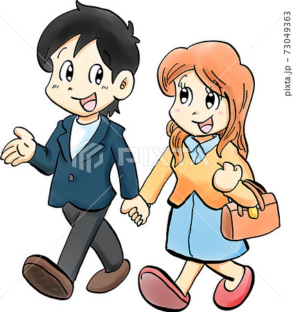 手をつないでデートする男女の手描き風イラストのイラスト素材 手をつないでデートする男女の手描き風イラストのイラスト素材