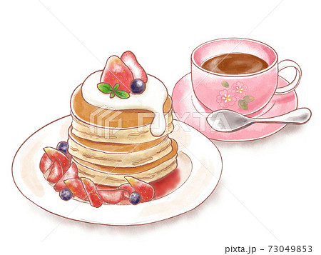 手描き水彩風 いちごのパンケーキと桜のティーカップに入った紅茶のイラストのイラスト素材