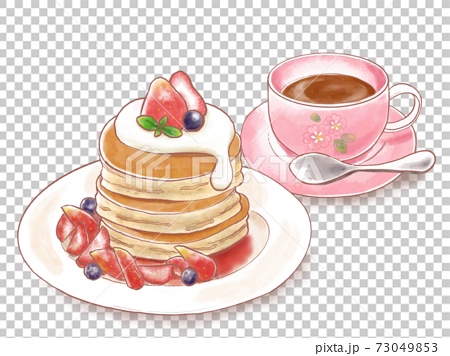 手描き水彩風 いちごのパンケーキと桜のティーカップに入った紅茶のイラストのイラスト素材