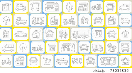 家と車と二輪車と植物のアイコンセット 破線の線のみ 背景色ありのイラスト素材