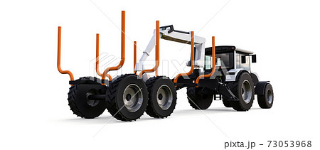 White tractor with a trailer for logging on a white background. 3d rendering. White tractor with a trailer for logging on a white background. 3d rendering. 73053968