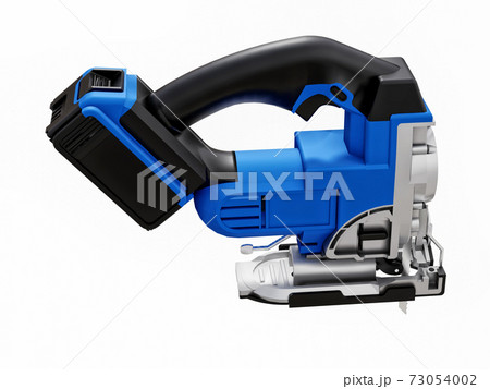 The tool is a blue electric jigsaw on a white isolated background. 3d rendering. 73054002
