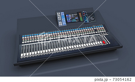 Medium-sized grey mixing console for Studio work and live performances on a gray background. 3d rendering. Medium-sized grey mixing console for Studio work and live performances on a gray background. 3d rendering. 73054162
