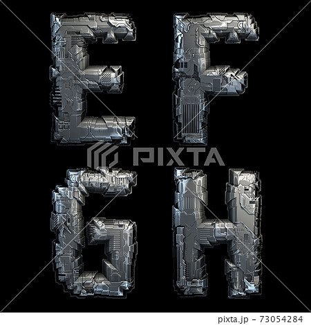 Set of capital letters E, F, G, H made of metal isolated on black background. 3d 73054284