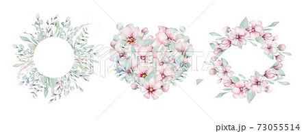 wreath of blossom pink cherry flowers in watercolor style with white background. Set of summer blooming japanese sakura branch decoration wreath of blossom pink cherry flowers in watercolor style with white background. Set of summer blooming japanese sakura branch decoration 73055514