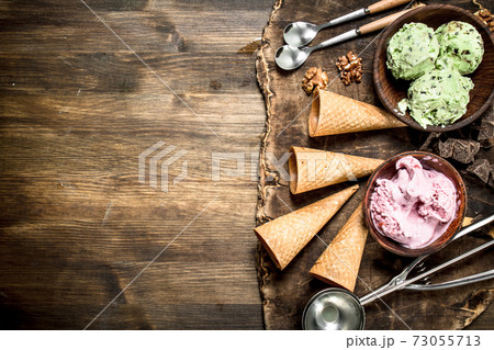 Fresh fruit ice cream with waffle cups. 73055713